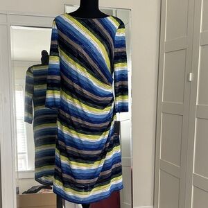 Muse Striped Boatneck Dress in Blue, Navy, Lime & Cream